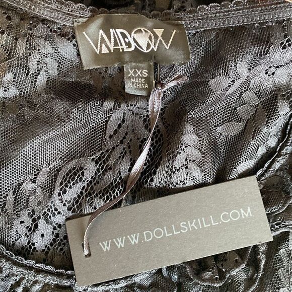 Dolls Kill Brand Widow Black Sheer Lace Short Sleeve Tiered Babydoll Mini Dress - Picture 4 of 7